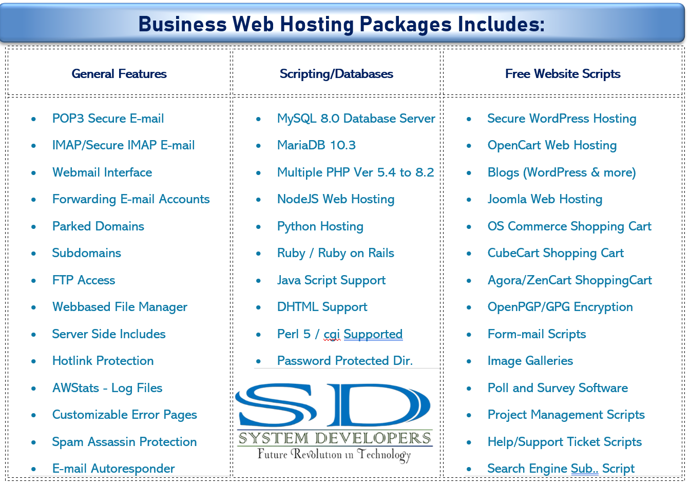 System Developers Web hosting packages include